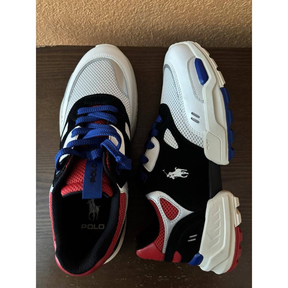 Polo Ralph Lauren Men Jogger Leather And Mesh Shoes Size 10 Black Red White New